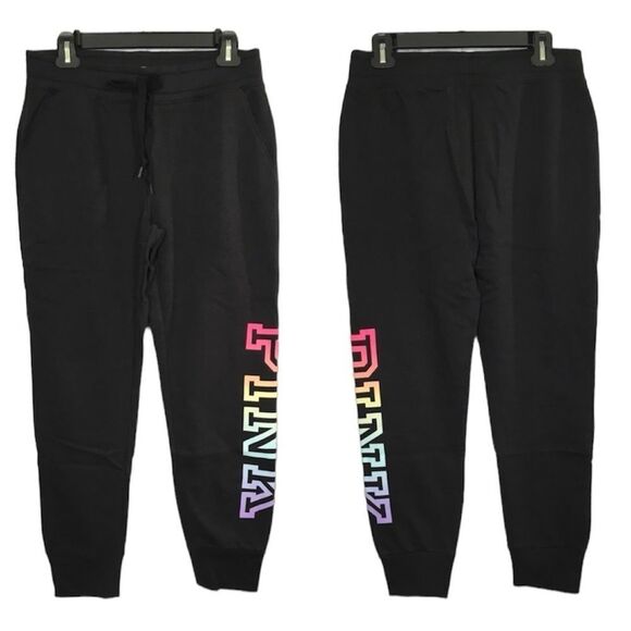 NWT VS‎ PINK EVERYDAY LOUNGE SKINNY JOGGER SWEATPANTS BLACK/RAINBOW LOGO PRINT - Picture 2 of 14